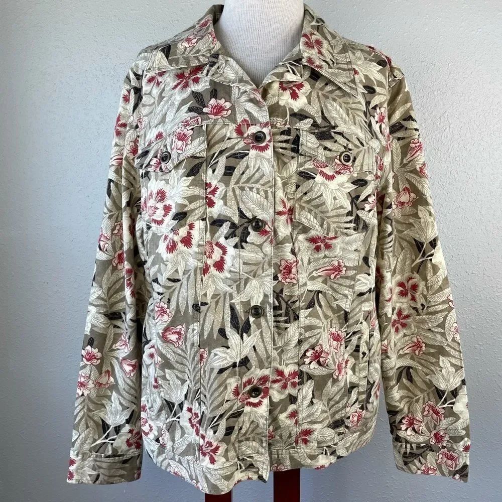 Charter Club Button Down Floral Flannel Jacket EUC